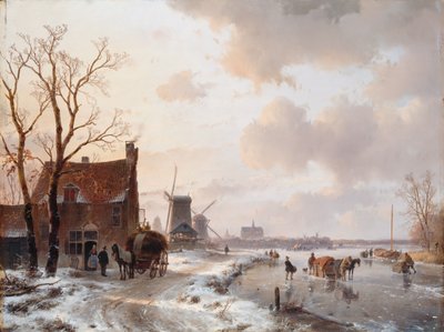 Winter Landscape with Horses on the Ice by Andreas Schelfhout